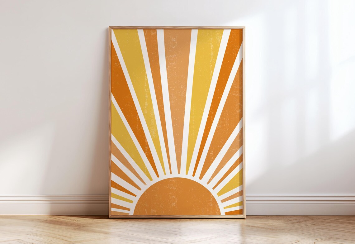 Rising Sun Rays Boho Art Print, Retro Room Decor
