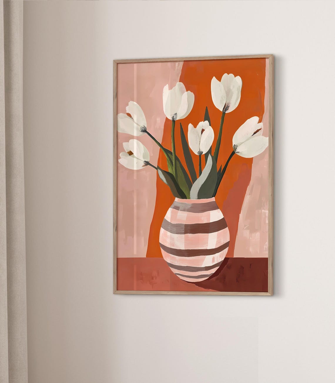 White Tulips Striped Vase Bold Orange Modern Abstract Art Print