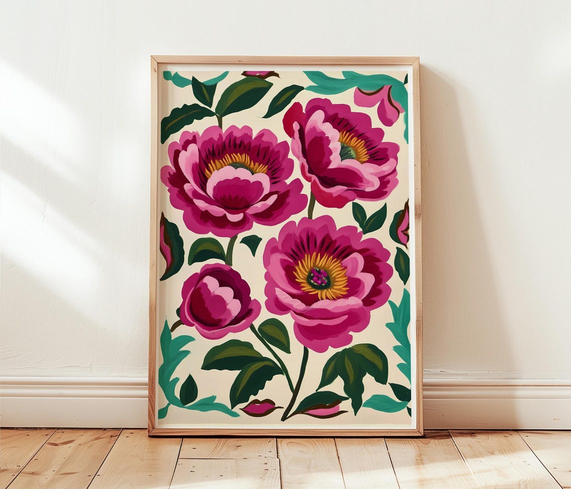 Bold Magenta Peonies Floral Botanical Illustration Art Poster