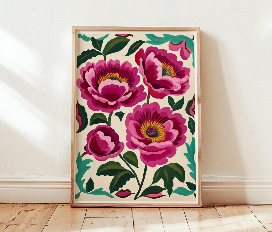 Pink Peony Art Print Summer Peonies Painting Modern Bright Abstract Flowers Poster Wall