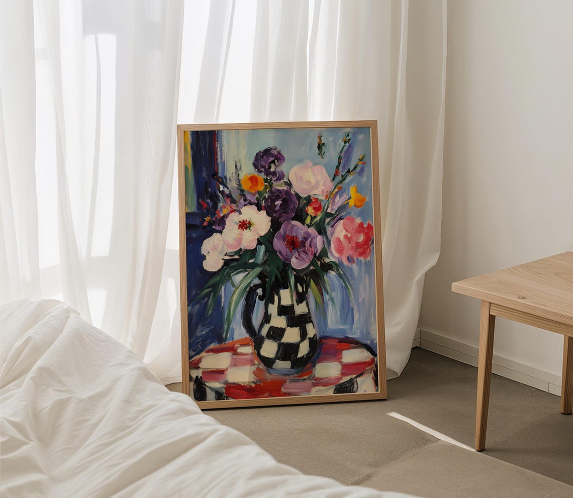 Vibrant Colorful Peonies In Checkered Vase Impressionist Art Print