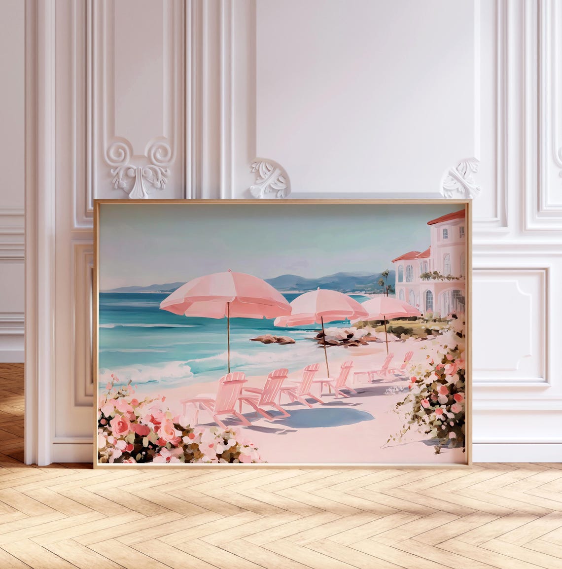 Pink Beach Umbrellas Coastal Resort Summer Painting Art Print