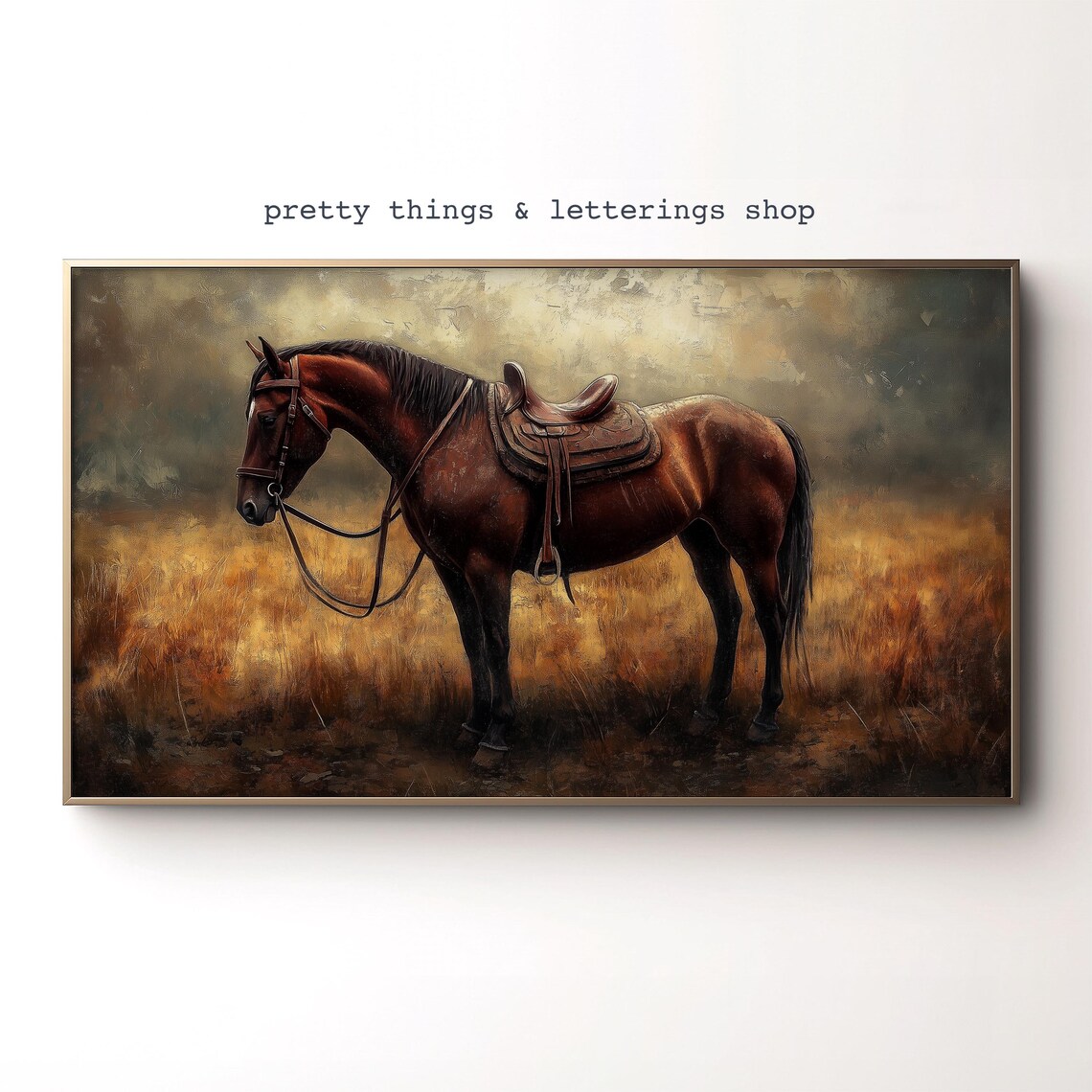 Bay Horse Western Saddle Moody Vintage Golden Field Art Poster