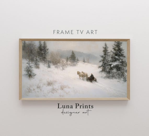 Snowy Landscape Frame Tv Art Winter Pine Forest Scene Neutral Decor Vintage Painting Screensaver Tv10391