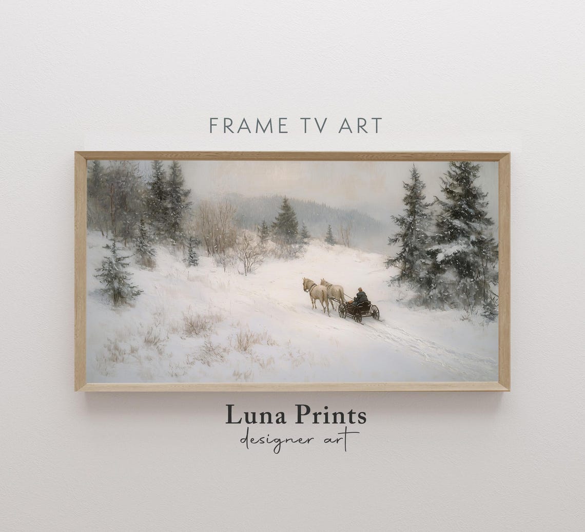 Horse Drawn Sled Snowy Forest Trail Vintage Winter Landscape Poster