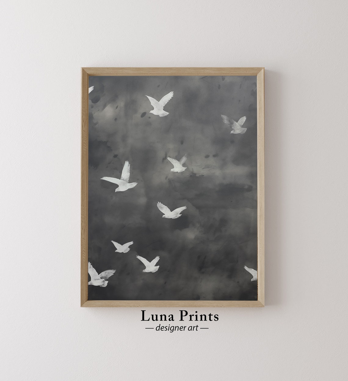 White Birds Against Dark Stormy Sky Graceful Flight Art Poster