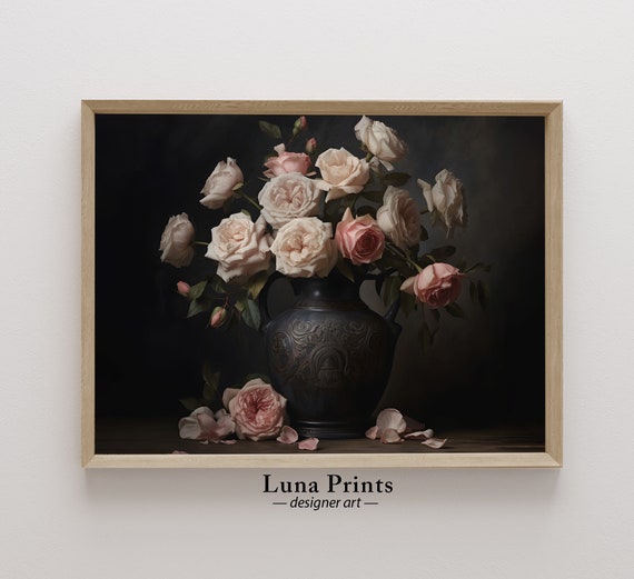 Vintage Roses Still Life Painting Moody Artwork Floral Art