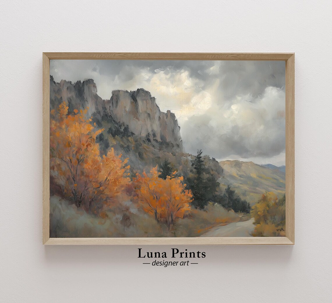 Fall Mountain Landscape Painting, Vintage Autumn Art Print