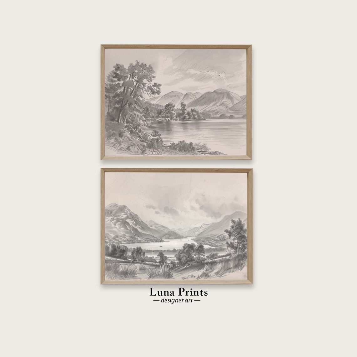 Mountain Lake Pencil Sketches Set of Two Vintage Drawings Wall Art