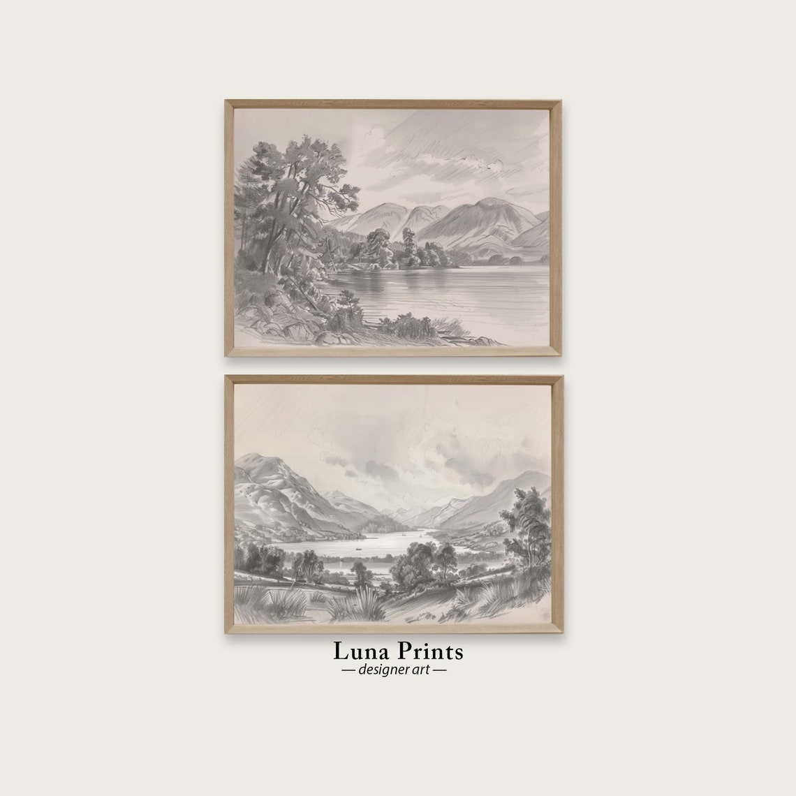 Neutral Art Set Of 2 Mountain Sketch Vintage Landscape Gallery