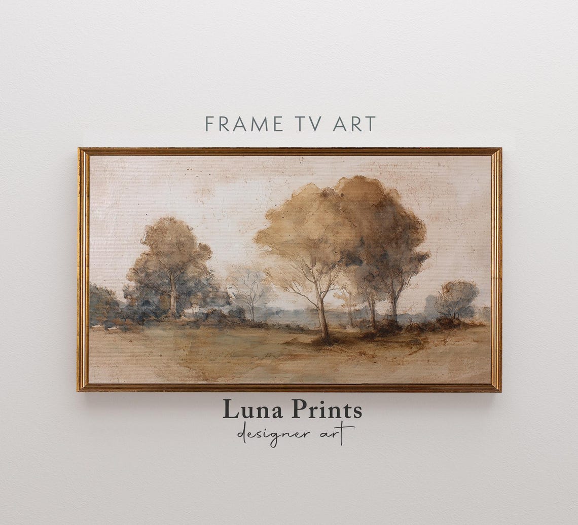 Muted Watercolor Trees Fall Landscape Beige Neutral Frame TV Poster