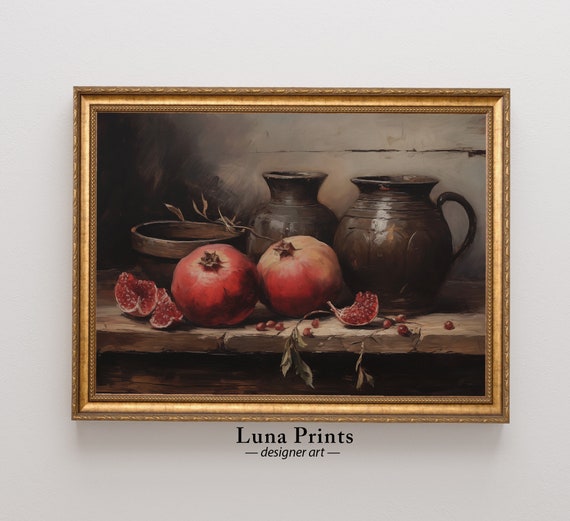Pomegranates And Pottery Painting Art Moody Still Life Vintage Fruit