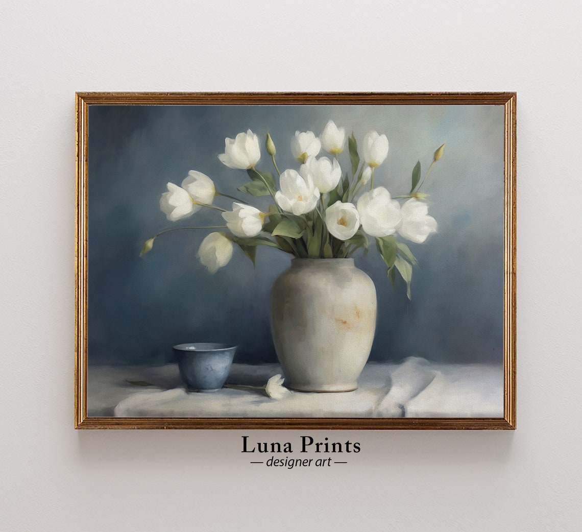 White Tulips Stoneware Vase Blue Backdrop Vintage Still Life Poster