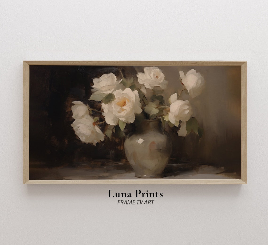 Moody Roses TV Art Oil Painting, Dark Floral