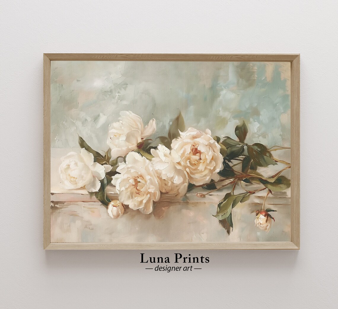 White Peonies on Stone Ledge Soft Blue Floral Oil Painting Poster
