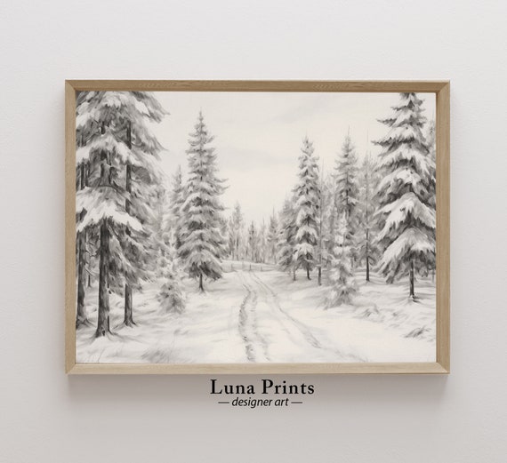 Snowy Pine Tree Path Painting Art Vintage Winter Landscape
