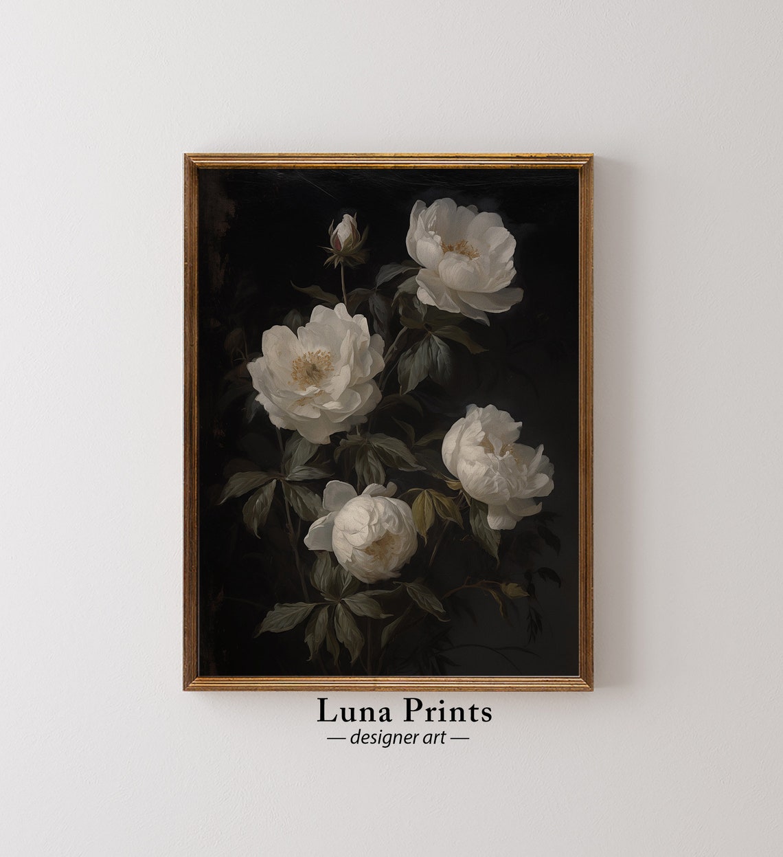 White Peonies Golden Centers on Black Dark Floral Art Poster