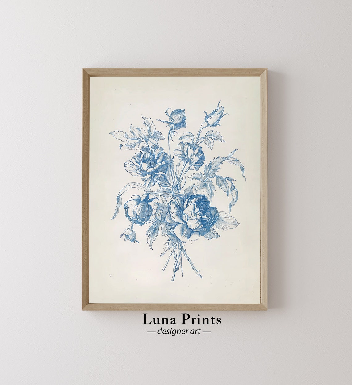 Blue Floral Sketch Print, Vintage Rose Botanical