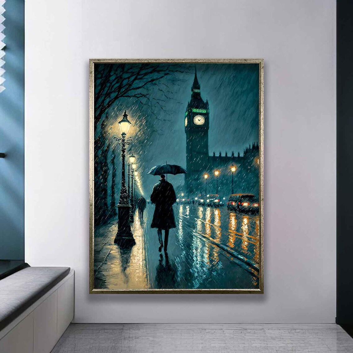 Rainy London Night Street with Big Ben Umbrella Cityscape Poster - Image 3