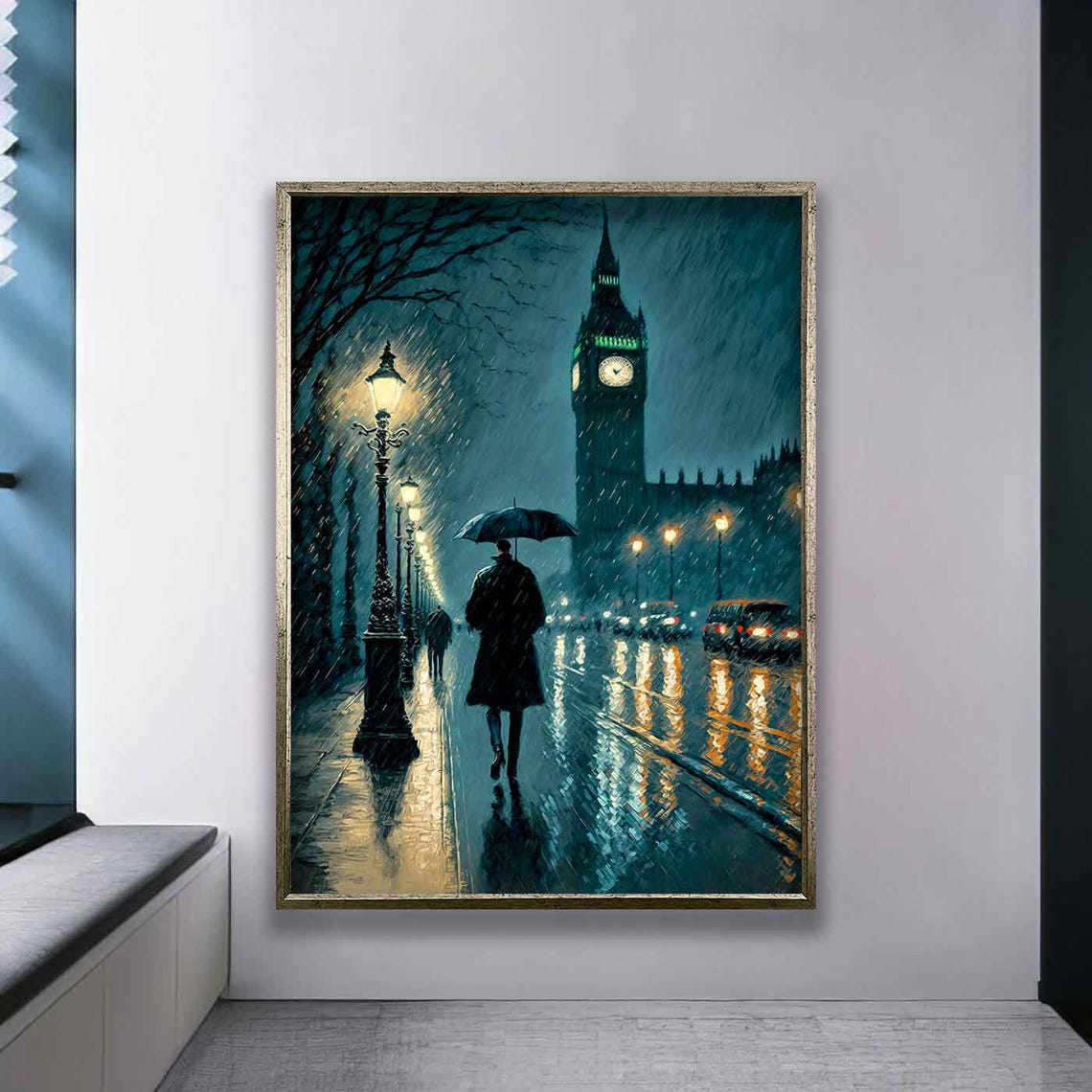 Rainy London Street Scene Big Ben Night Cityscape Atmospheric Umbrella Walk Print Moody Urban Wall Art - Image 3