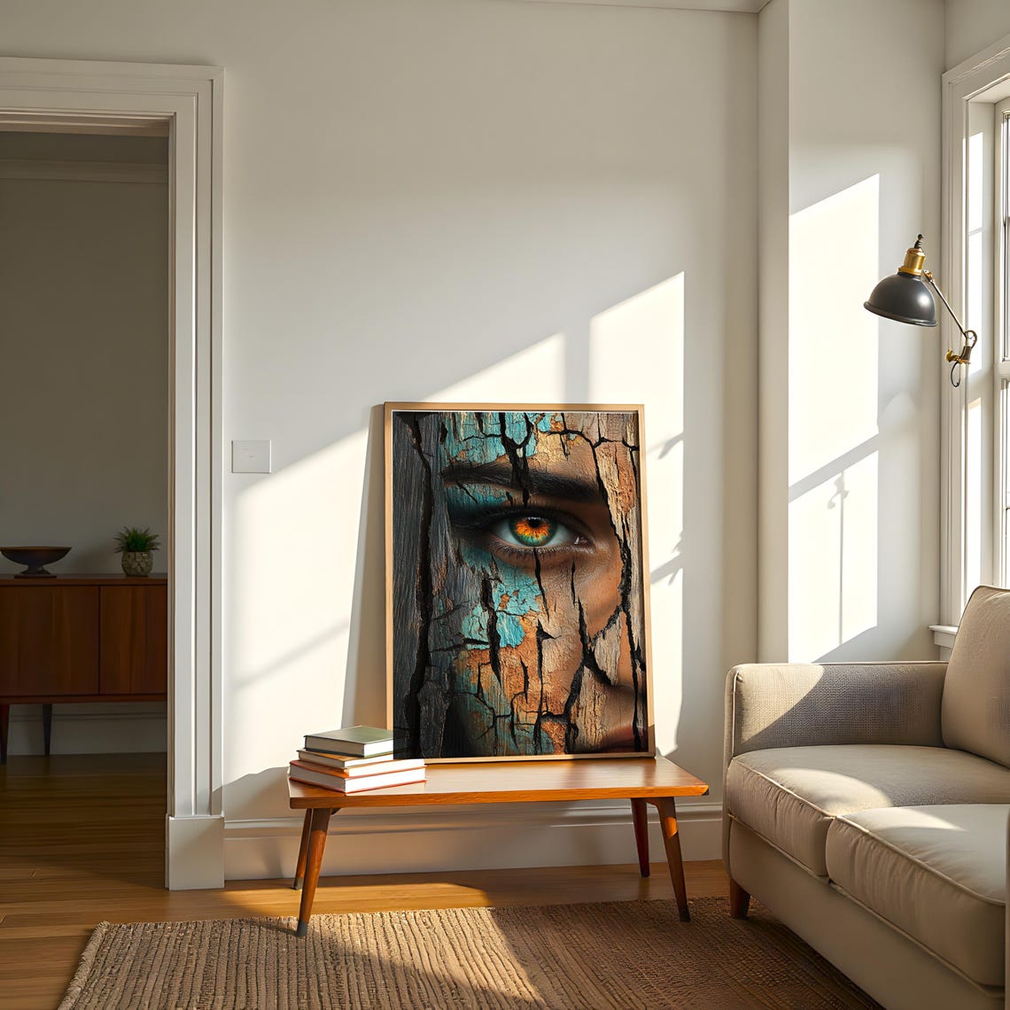 Surreal Human Eye Emerging from Cracked Wood Texture Art Poster - Image 2