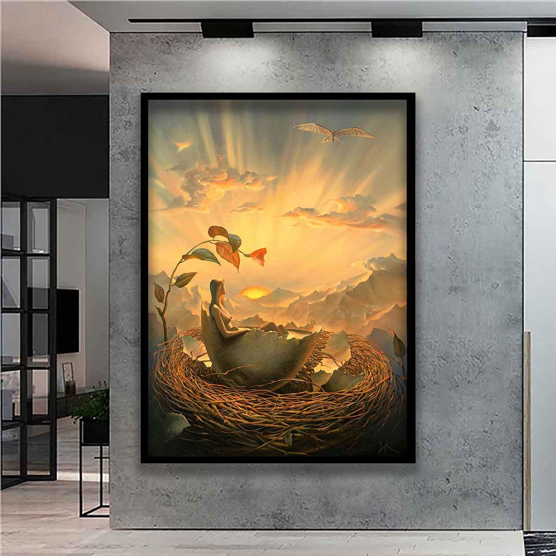 Woman Emerging from Eggshell Nest at Sunrise Dreamlike Art Poster - Image 2