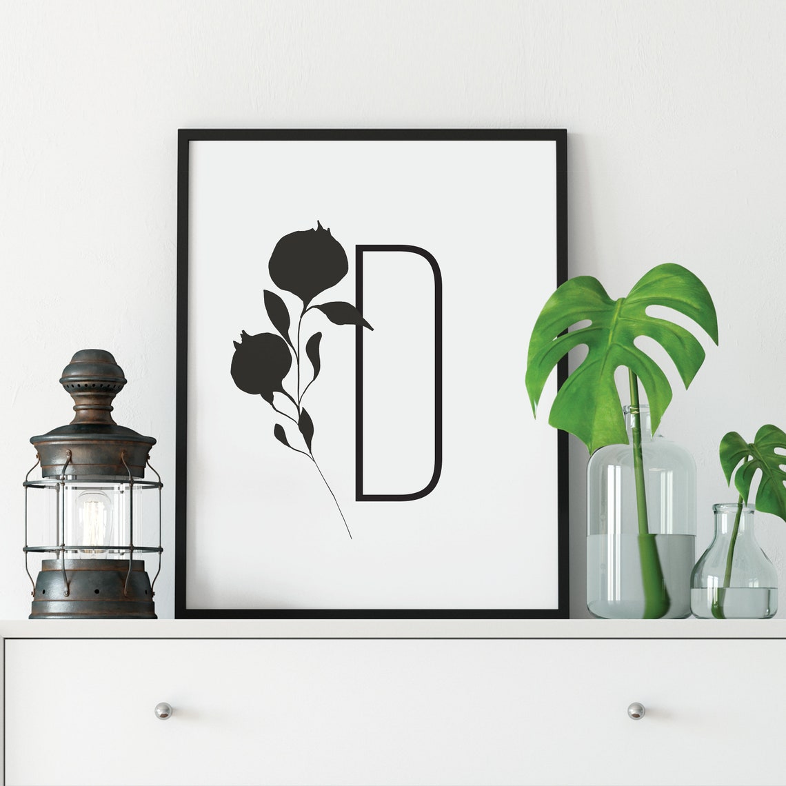 Monogram Letter D Black Foliage Botanical Initial Framed Art Print