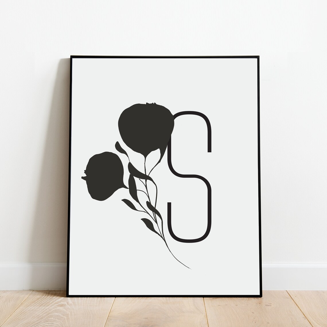 Letter S Floral Botanical Silhouette Monogram Alphabet Poster
