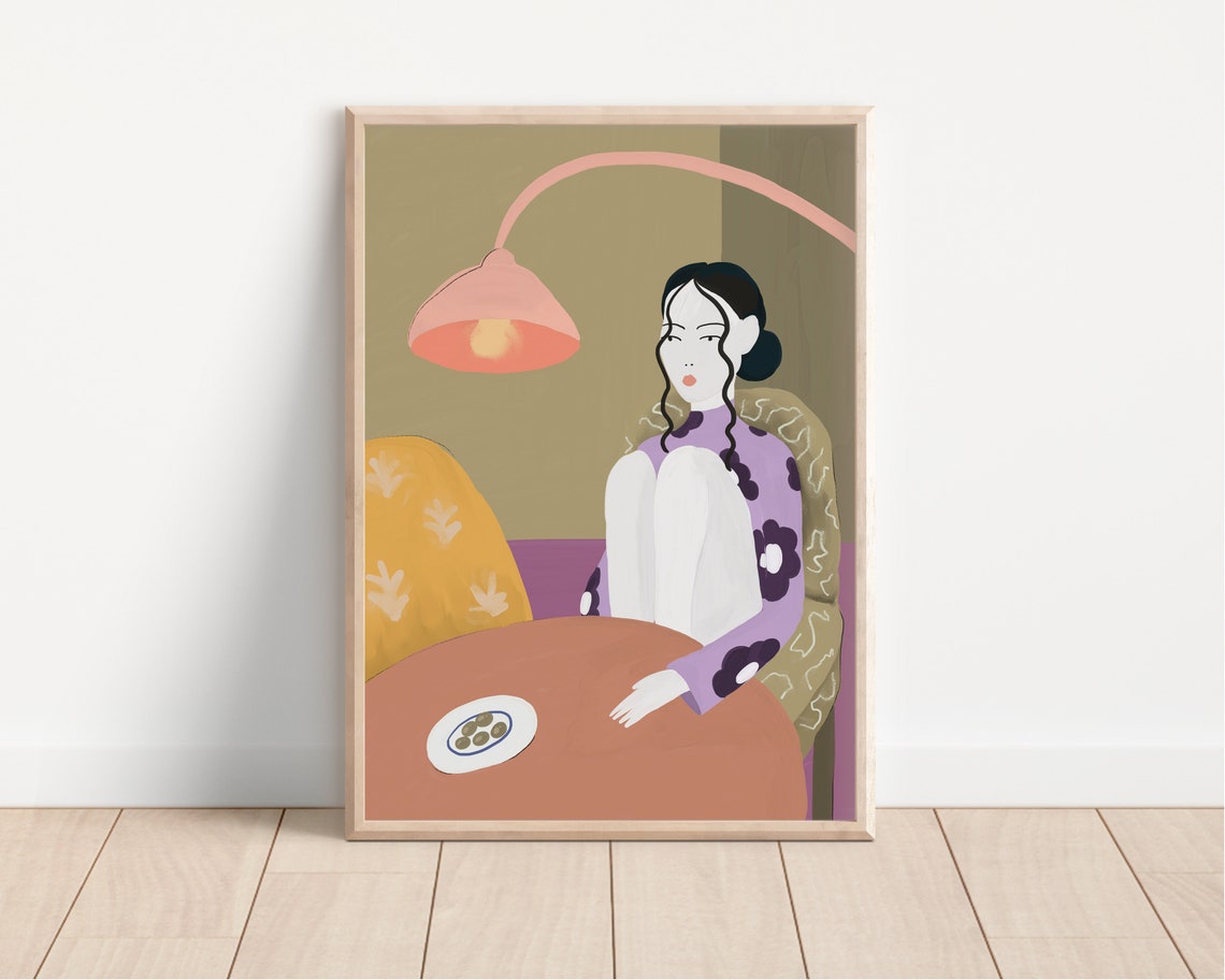 Woman Sitting At Table Pink Lamp Flat Modern Interior Poster - Image 3