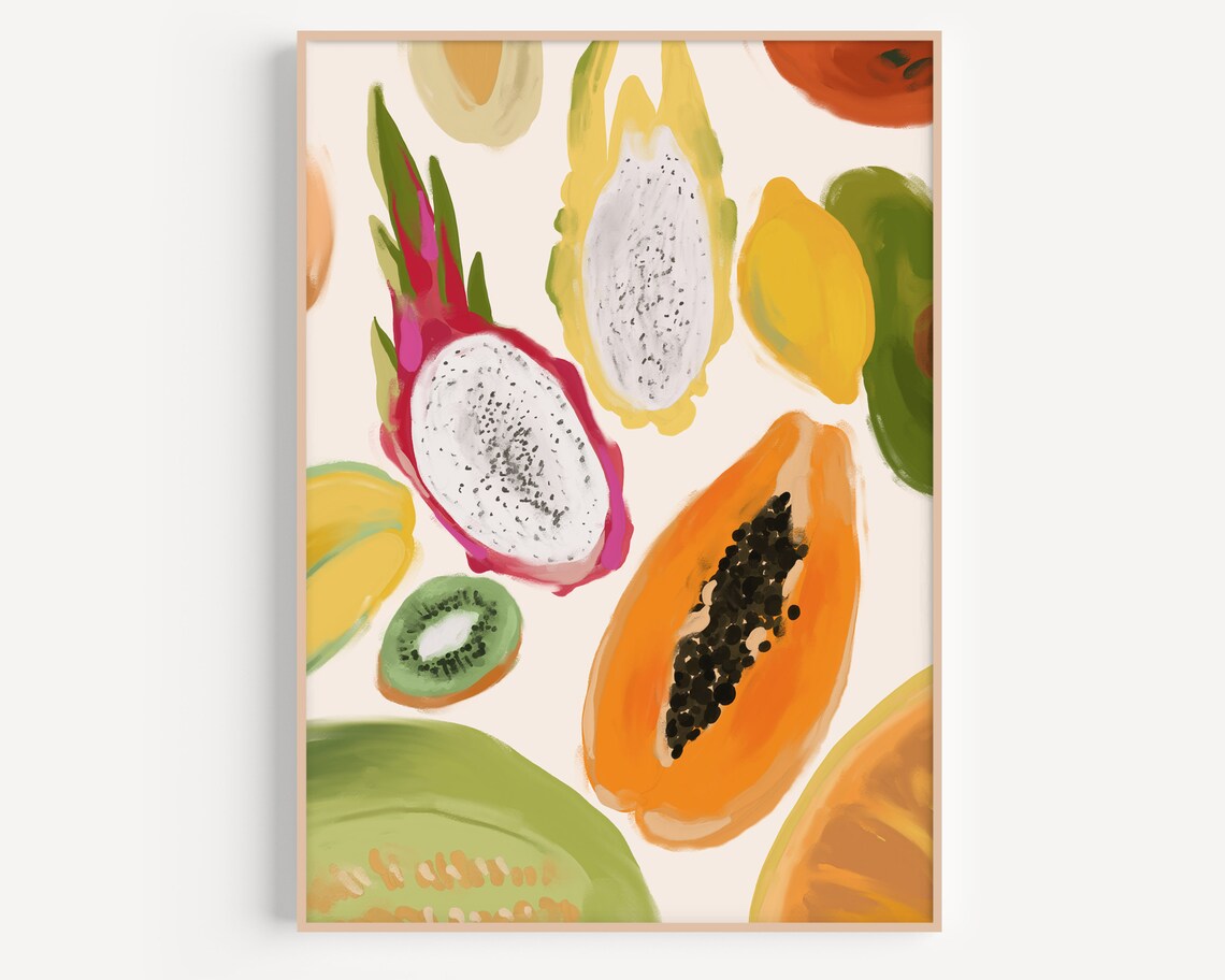 Tropical Fruits Print Fruit Art Print Food Print Still Life Food Poster Avocado Print Kiwi Poster Papaya Wall Art