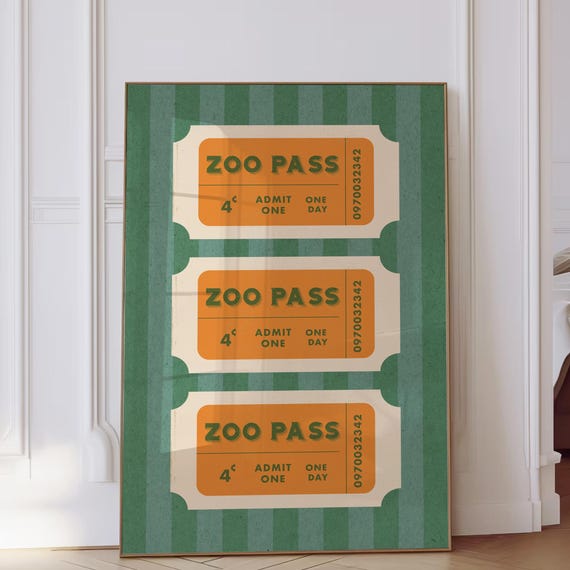Funny Zoo Ticket Print Family Wall Art Trendy Retro Poster Dorm Room Decor Office