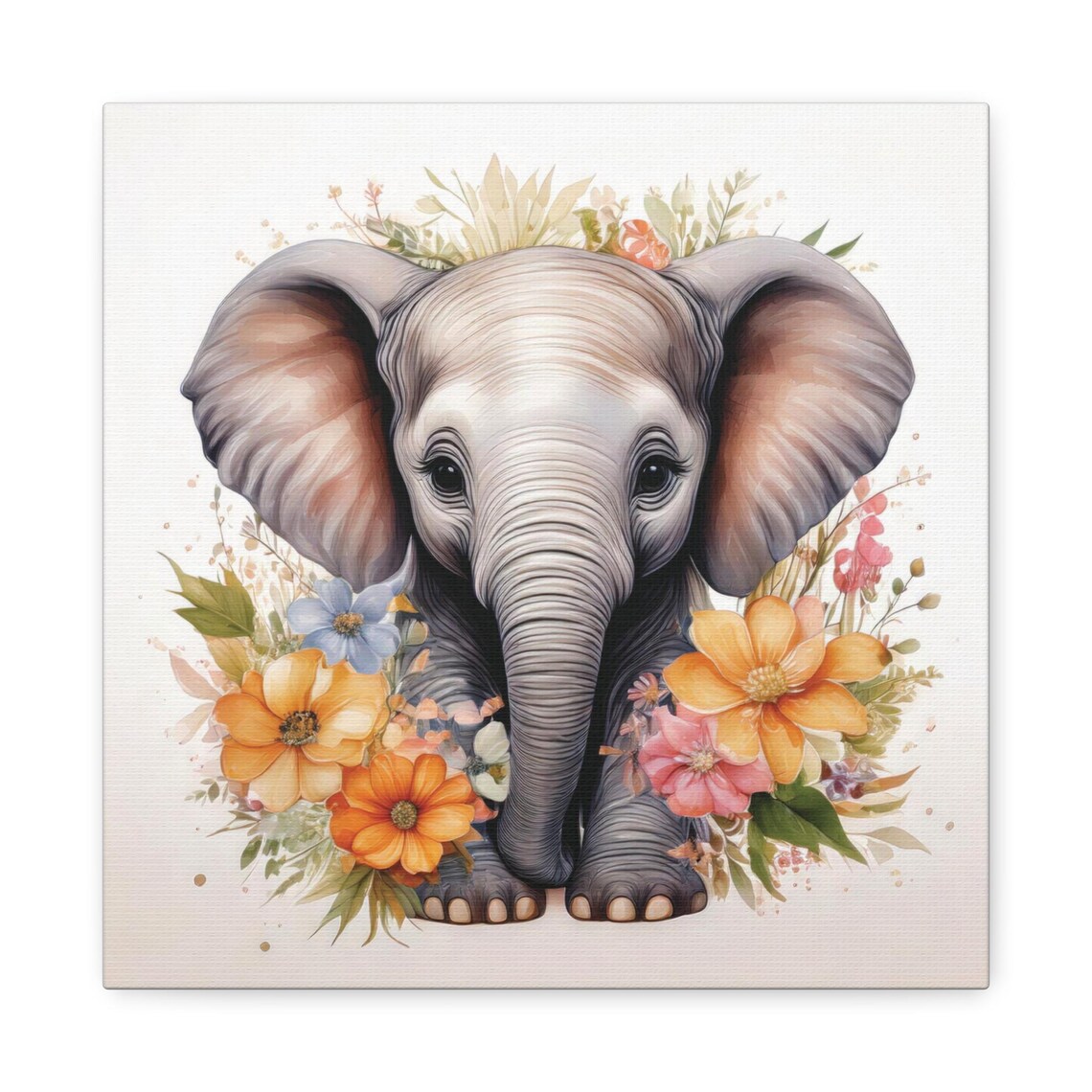 Baby Elephant With Watercolor Flowers Cute Nursery Animal Poster