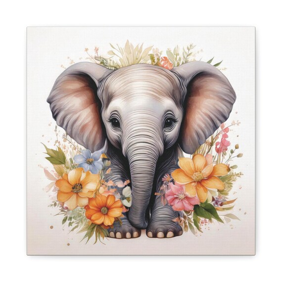 Baby Elephant With Watercolor Flowers Cute Nursery Animal Poster