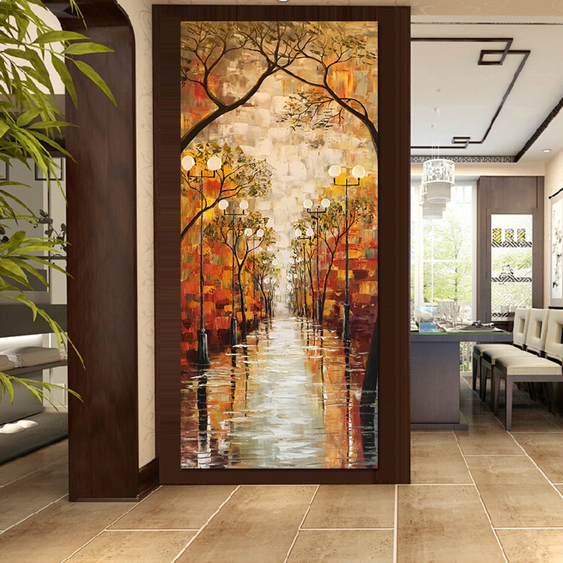 Rainy Night Street Lamps Reflection Wet Road Autumn Painting Poster - Image 4