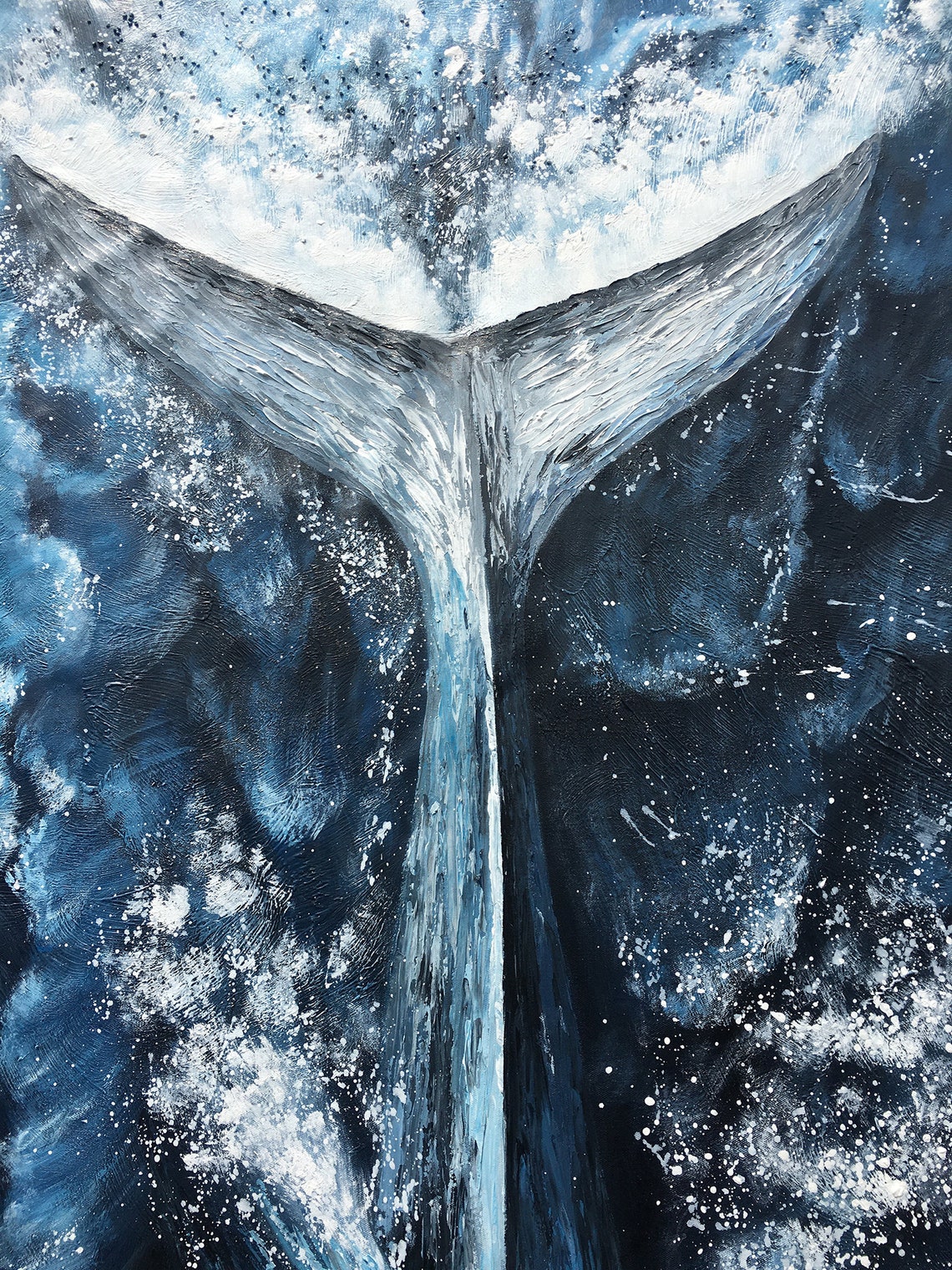 Blue Whale Tail Diving Deep Ocean 3D Impasto Oil Painting Wall Art - Image 2