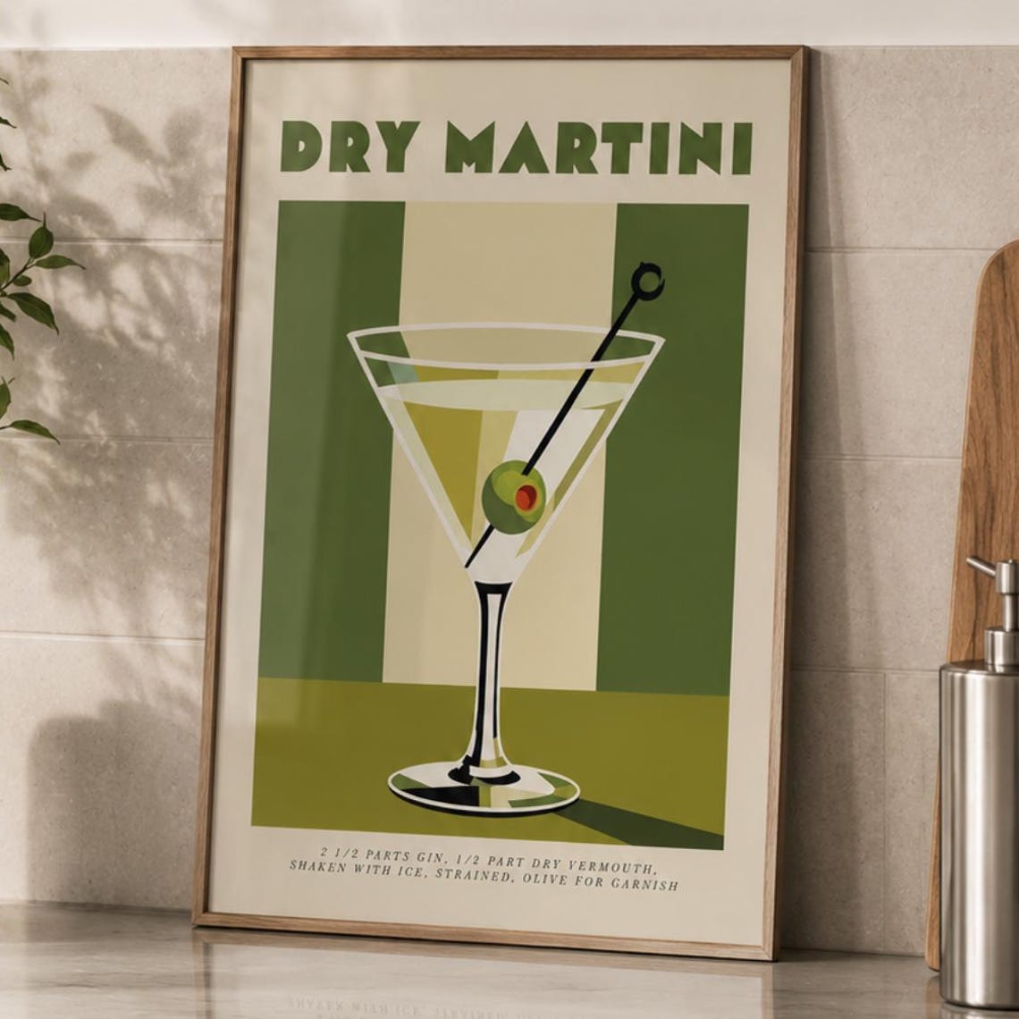 Classic Cocktail Poster Martini Glass With Olive Green Minimalist Drink Illustration Kitchen Bar Wall Art Decor