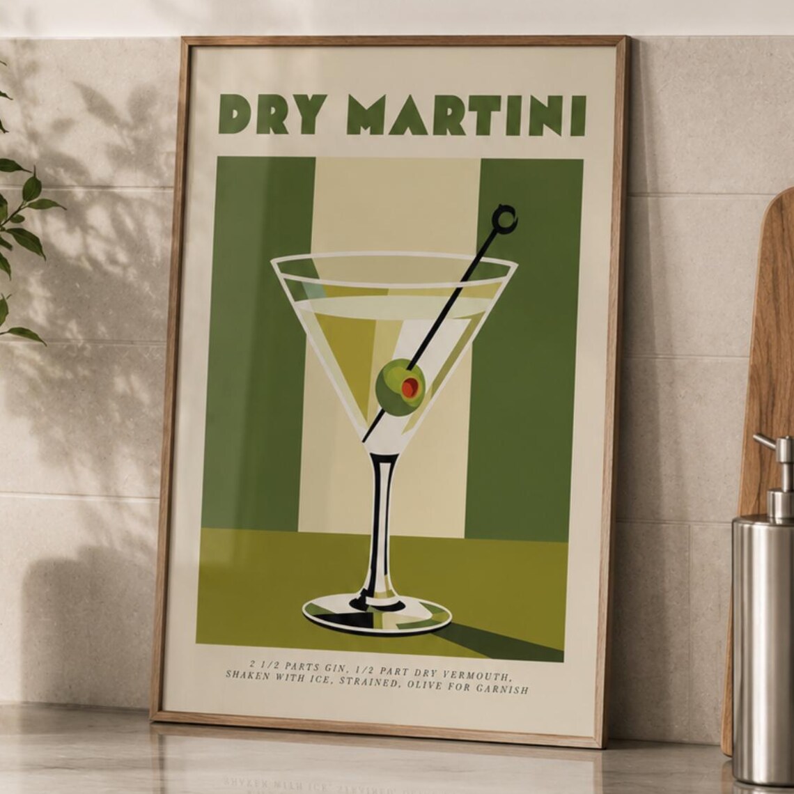 Dry Martini Green Retro Cocktail Recipe Olive Classic Poster