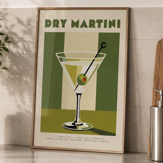 Classic Cocktail Poster Martini Glass With Olive Green Minimalist Drink Illustration Kitchen Bar Wall Art Decor