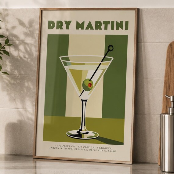 Dry Martini Green Retro Cocktail Recipe Olive Classic Poster