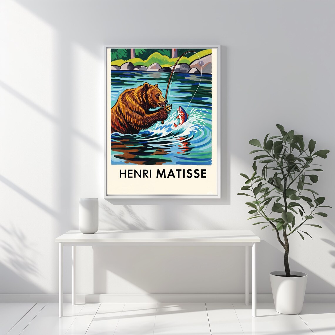 Henri Matisse Bear Fishing River Whimsical Wildlife Pop Art Poster