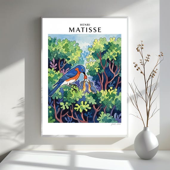 Art Print Henri Matisse Inspired Vertical Poster Bird Family Nursery Decor Playful Colors Heartwarming Scene Artistic Flair Wall