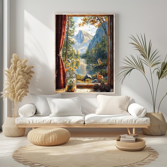Open Window Mountain Lake View With Deer Autumn Nature Scene Poster