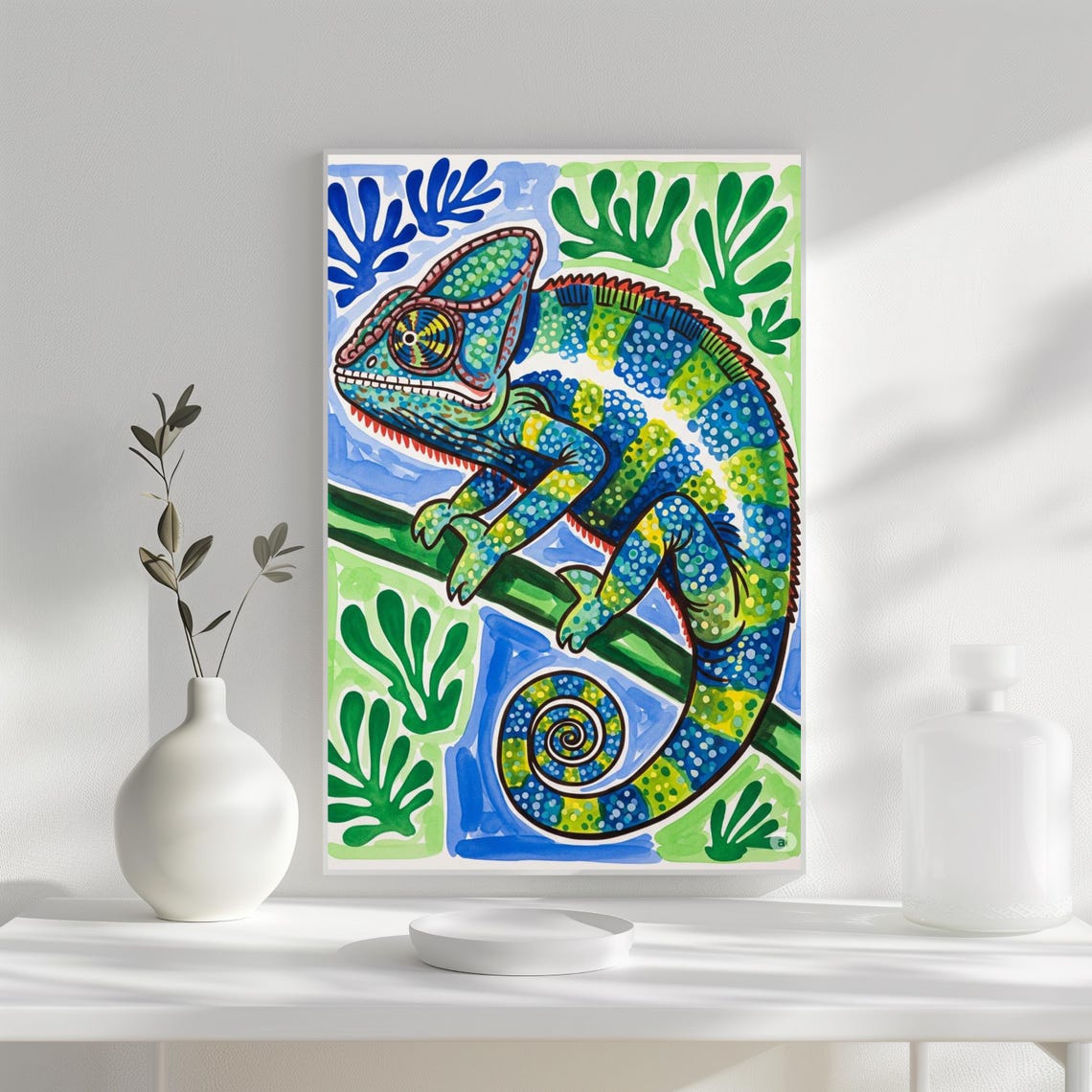 Colorful Chameleon On Branch Tropical Wildlife Illustration Poster