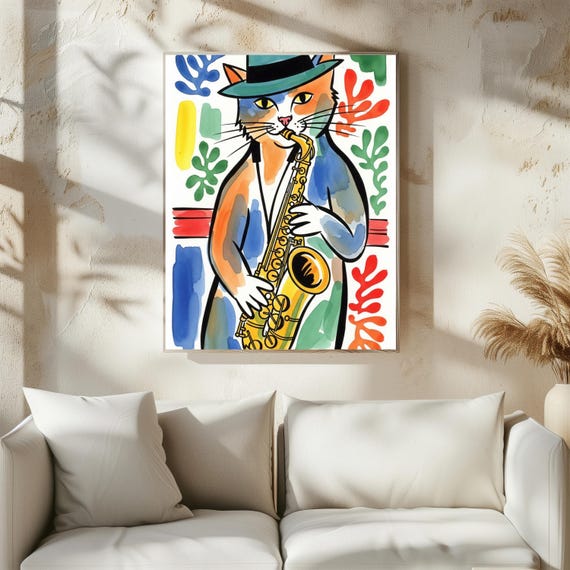 Henri Matisse Inspired Catcool Cat Playing Saxophone Whimsical Colorful Artistic Print Music Enthusiastsabstract Backgroundmatte Finish