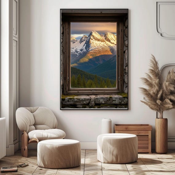Open Window To Mountain Sunset Matte Vertical Poster Snowcapped Landscape Wall Art Rustic Stone View Serene Nature Decor