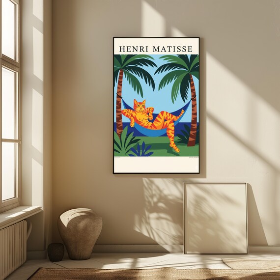 Orange Cat Hammock Palm Trees Tropical Matisse Style Funny Pet Poster