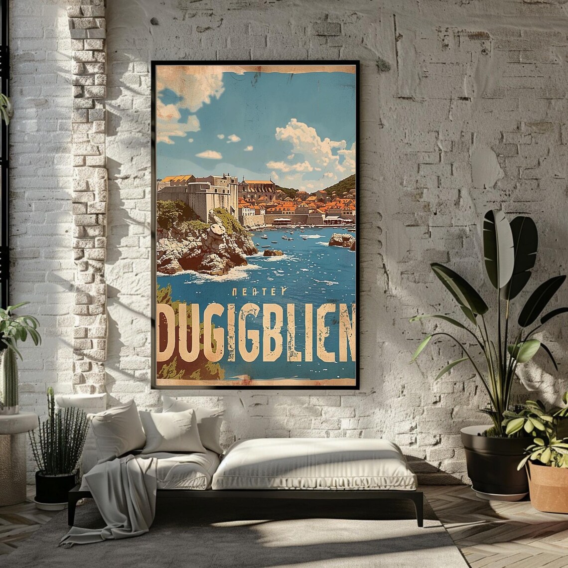 Dubrovnik Old Town Harbor Retro Vintage Style Coastal City Poster