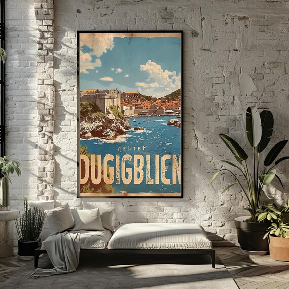 Dubrovnik Old Town Harbor Retro Vintage Style Coastal City Poster