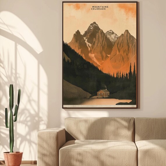 Colorado Mountains Cabin Lake Sunset Vintage Style Travel Adventure Poster