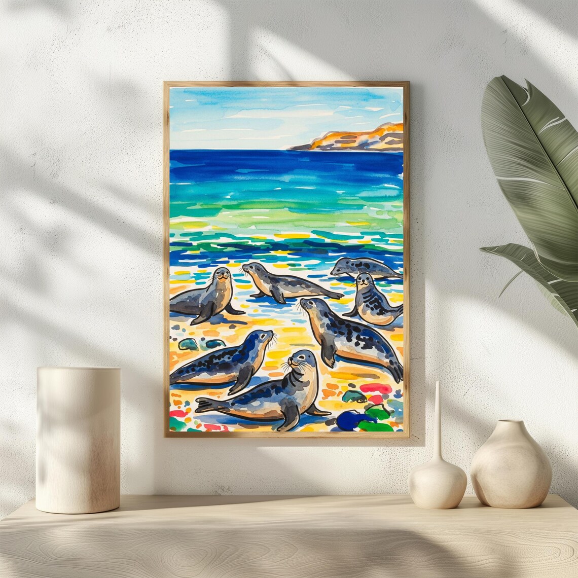 Seal Colony Coastal Beach Watercolor Ocean Wildlife Art Poster